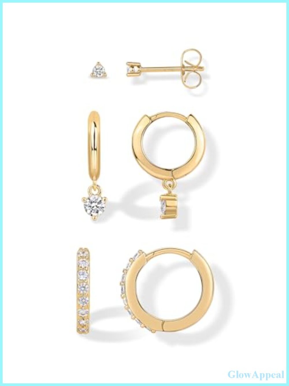 3 Pair Earrings Set 18K Gold Plated Stud Huggie Piercing
